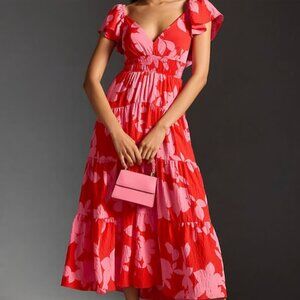 Anthropologie SIZE 2X Silverlake Flutter Short Sleeve Midi Maxi Dress Red Pink